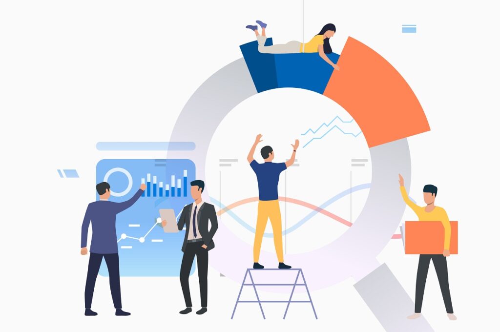 Group of analysts working on graphs. Building chart, presentation, report. Analysis concept. Vector illustration can be used for topics like business, marketing, teamwork